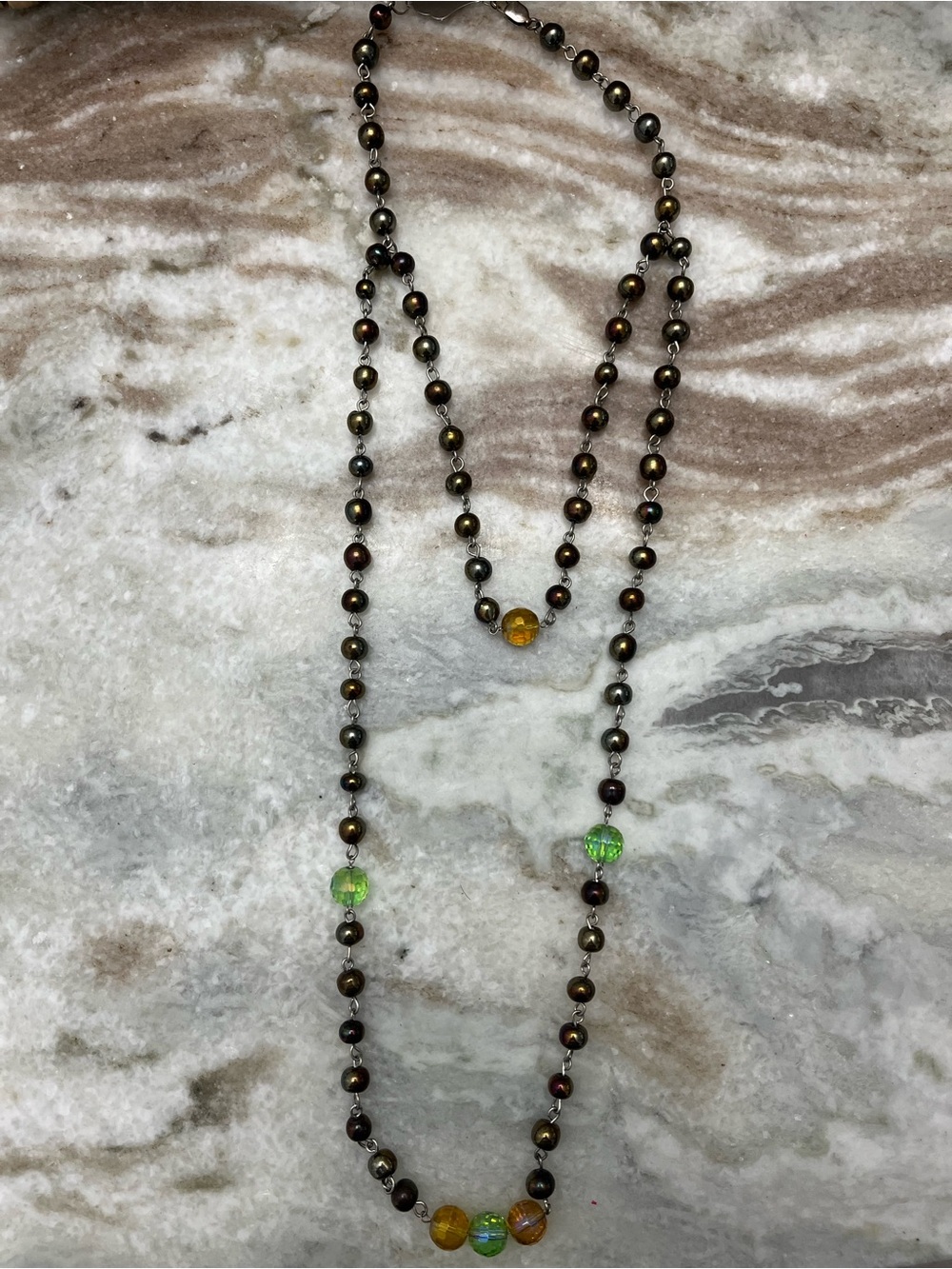 Handmade Multicolor Beaded Necklace - Green & Amber Accents, layered necklace